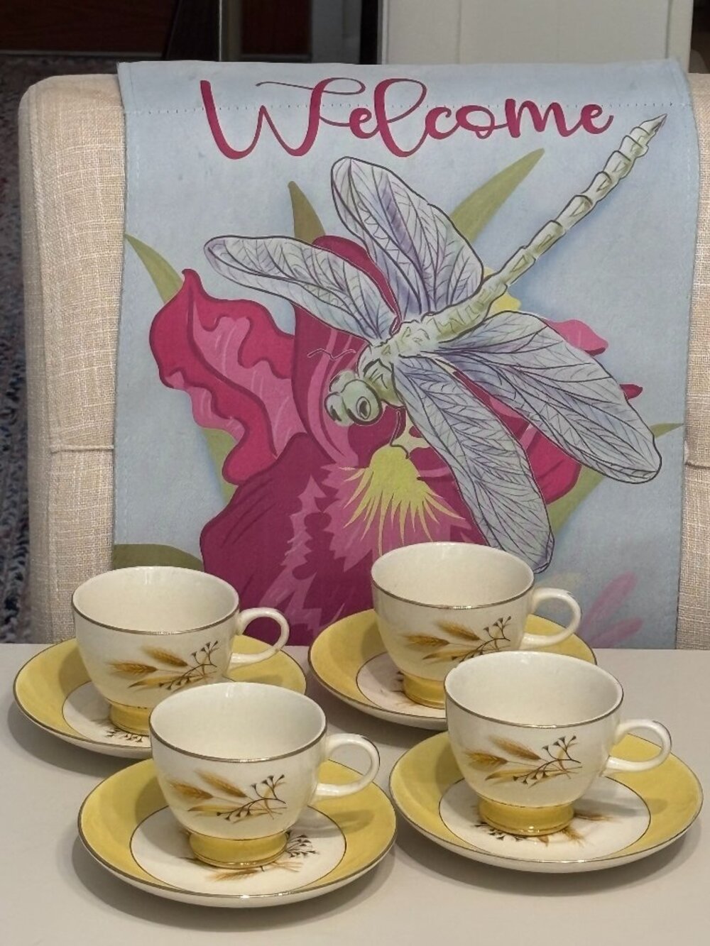 MCM  Century Service Four (4) "Autumn Gold" Gold Trimmed Teacups & Saucers